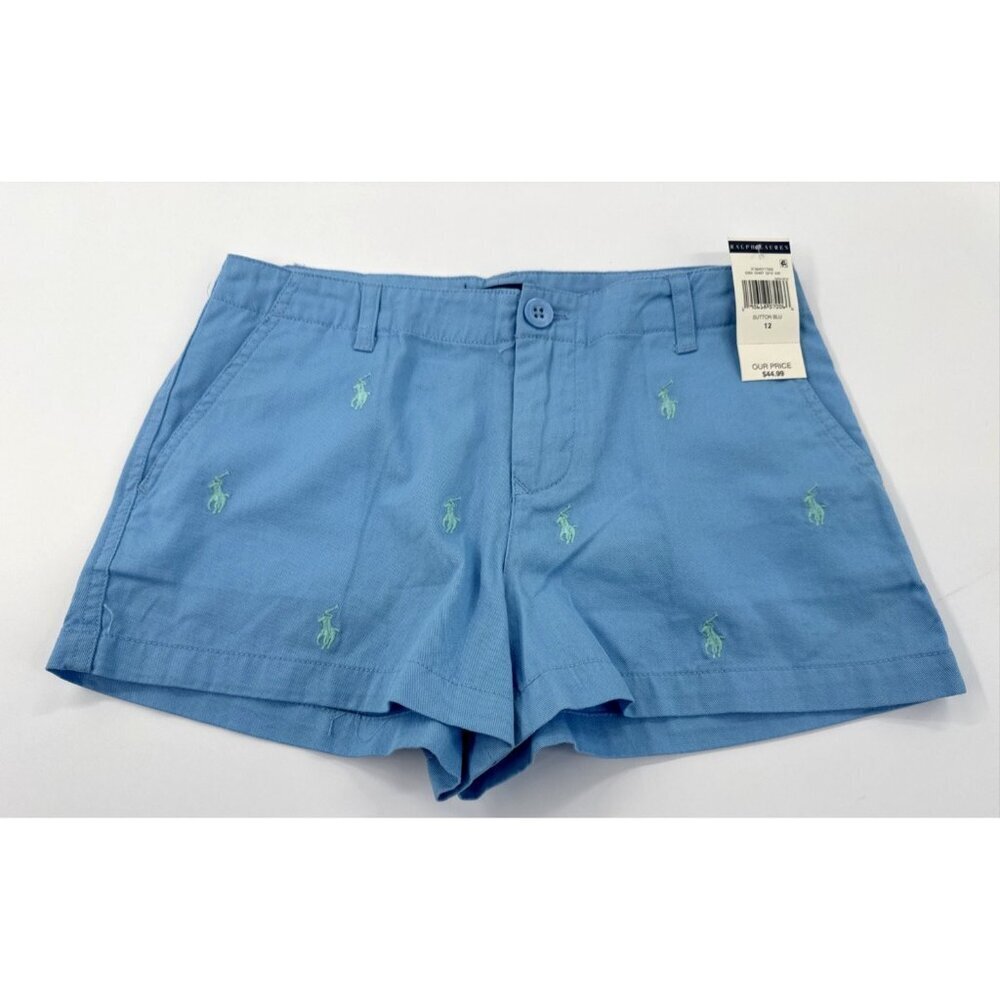 NEW Polo Ralph Lauren Shorts Youth Girls 12 Blue All Over Pony Logo Chino Preppy
